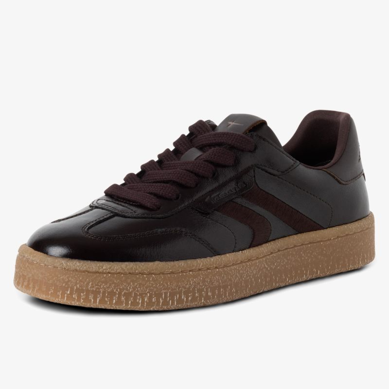 schwarzer Sneaker mit brauner Profilsohle, seitliche Ansicht, gepolstert und bequem