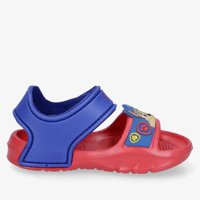 Bequeme und robuste rote Sandale mit blauem Klettverschluss, rutschfeste Sohle und flexible Passform