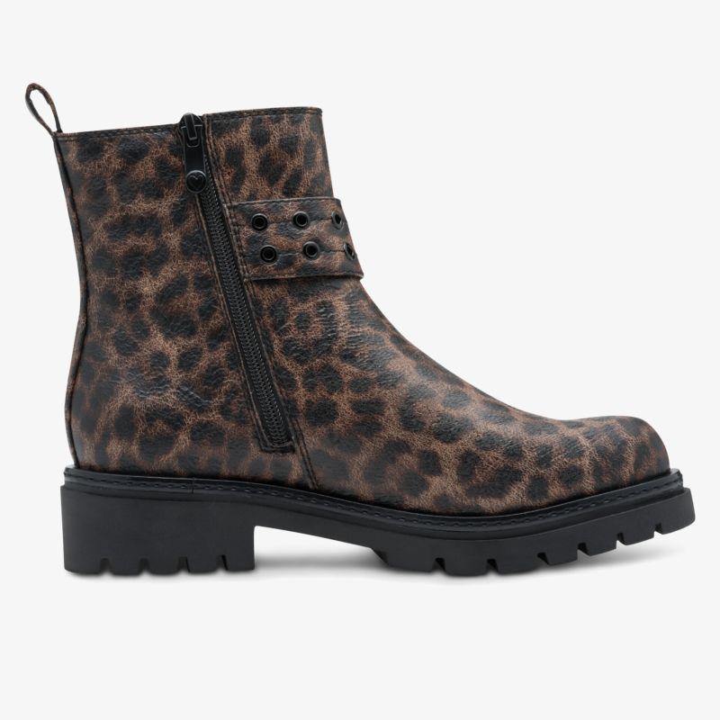 Seitliche Ansicht einer modischen Stiefelette mit Leopardmuster, Reißverschluss und robuster Profilsohle