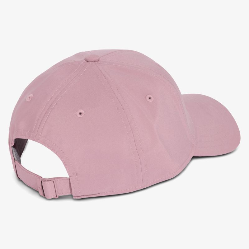 Rückansicht einer pinkfarbenen verstellbaren Cap mit gebogenem Schirm und Metallverschluss