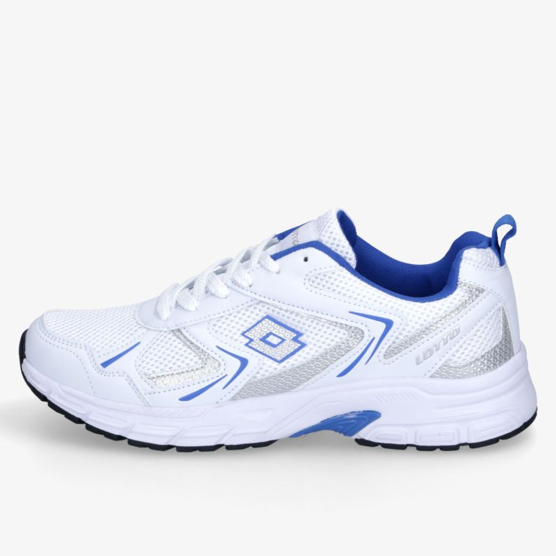 Leichter weißer Sportschuh mit blauem Innenfutter, atmungsaktiv und stoßdämpfend, seitliche Ansicht