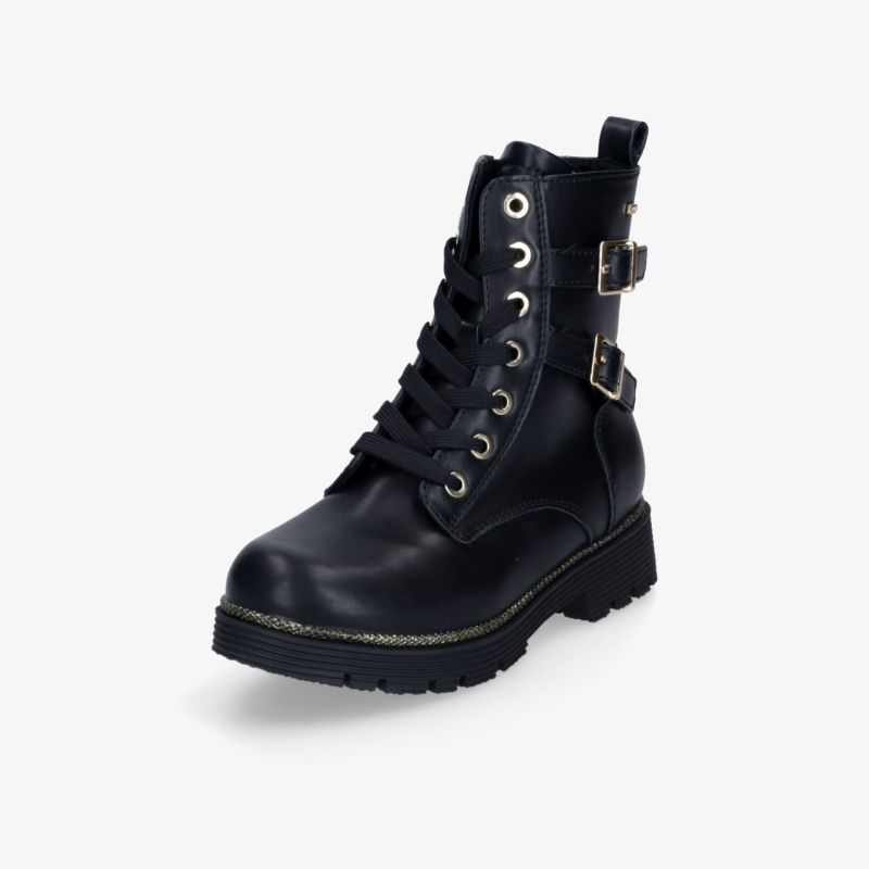 Robuste schwarze Lederstiefelette mit Schnürung, Metallösen, zwei verstellbaren Schnallen und profilierter Sohle