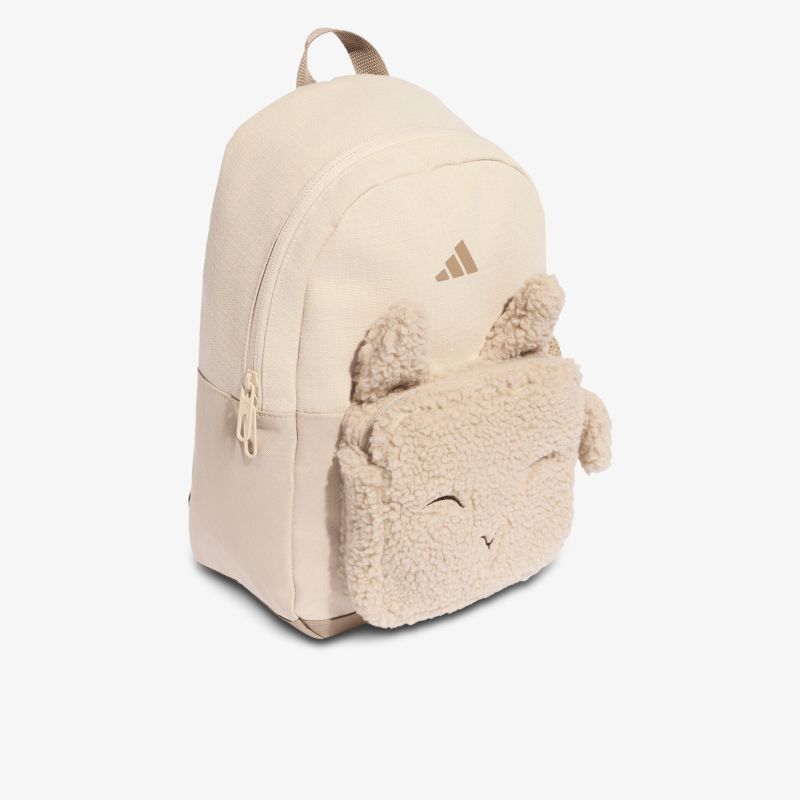 Beiger Rucksack mit flauschiger Fronttasche und niedlichen Ohren, ideal für Alltag und Freizeit.