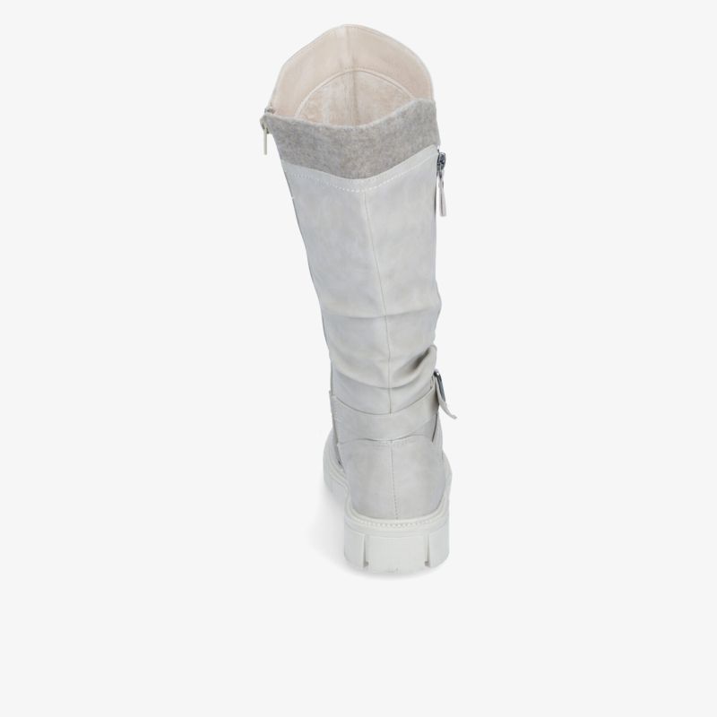 Grauer Stiefel mit hohem Schaft und Reißverschluss, robustem Absatz und rutschfester Sohle, Rückansicht