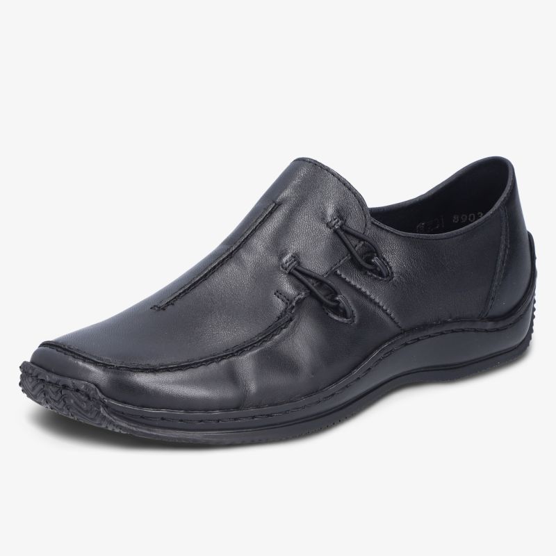 Bequemer, schwarzer Lederschuh mit modernem Design und rutschfester Sohle.