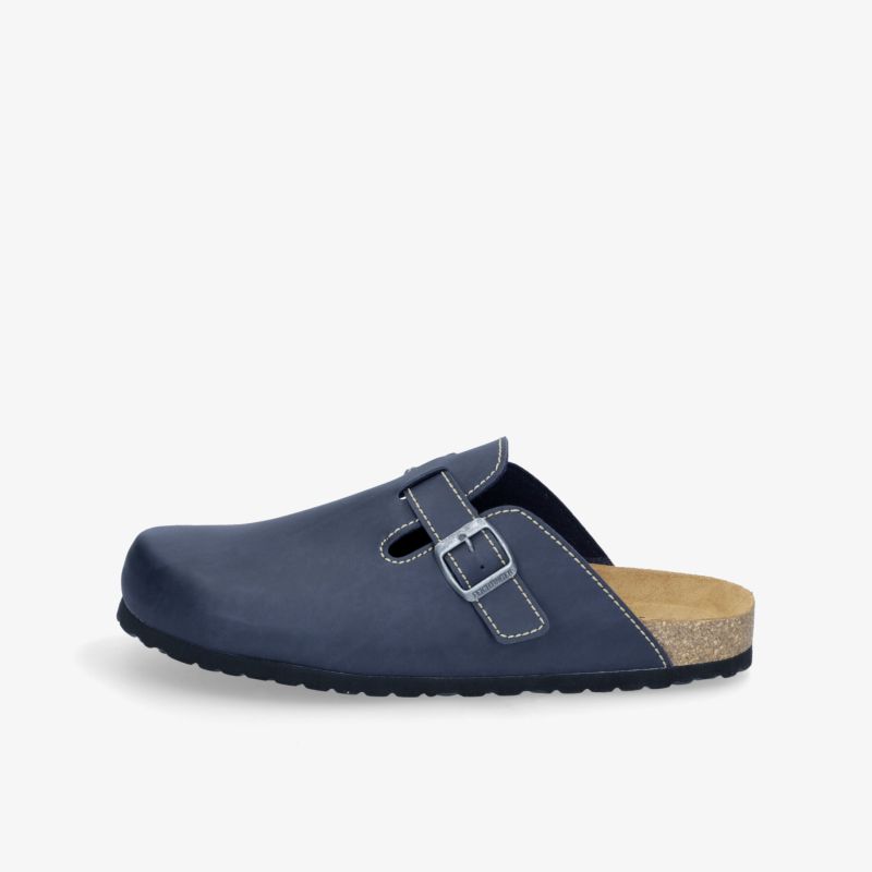 Bequemer blauer Clog mit verstellbarer Schnalle und ergonomischer Fußbettung für optimalen Tragekomfort.