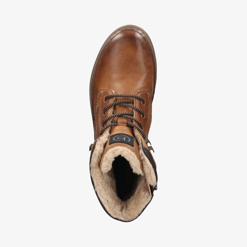 Brauner Lederstiefel mit warmem Innenfutter und robuster Schnürung in Draufsicht