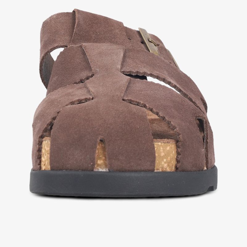 Bequeme braune Veloursleder-Sandale mit flexiblem Riemen-Design und profilierter Sohle, Frontansicht