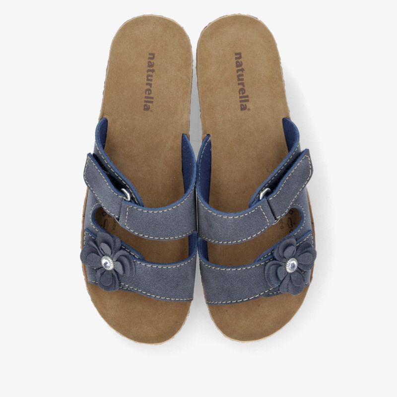 Bequemes Pantoletten-Paar mit verstellbaren Riemen, weichem Fußbett und modischer Blumenverzierung in Blau