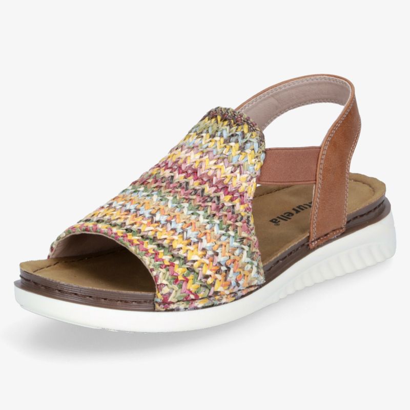 Bequeme Sandale mit mehrfarbigem Textildesign und elastischem Riemen für optimalen Halt, ideal für den Sommer.