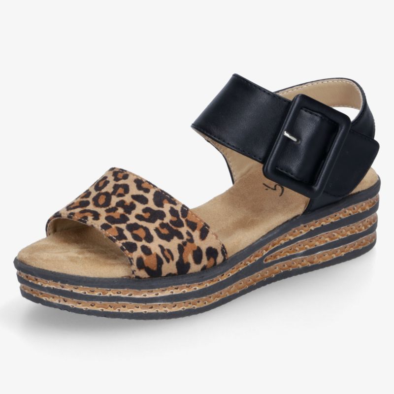 Modische Sandale mit Leopardenmuster und bequemem Keilabsatz für stilvollen Komfort.