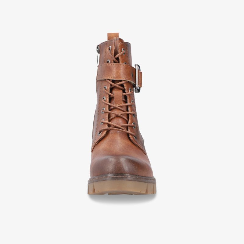 Robuster brauner Leder-Schnürstiefel mit verstellbarem Riemen und stabiler Sohle in Frontansicht
