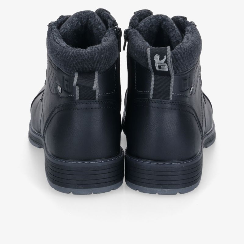 Robuste, warm gefütterte und bequeme schwarze Winterboots mit Reißverschluss und rutschfester Sohle, Rückansicht