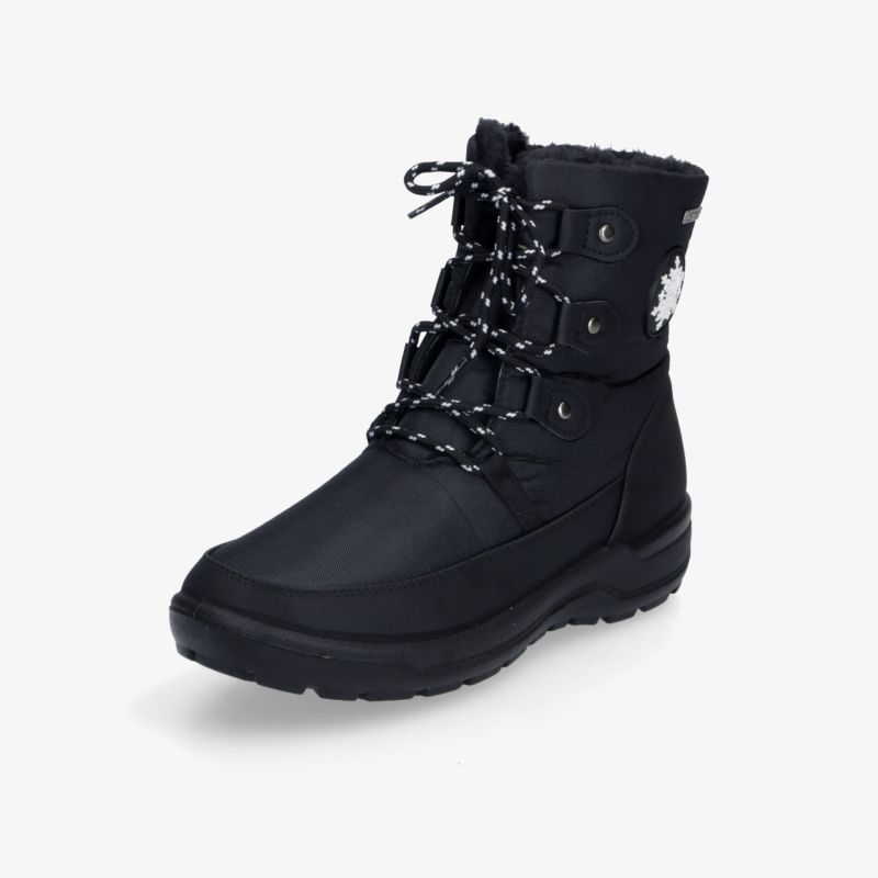 Schwarzer Winterstiefel mit wasserabweisendem Material, warmem Futter und rutschfester Sohle in 3/4 Ansicht