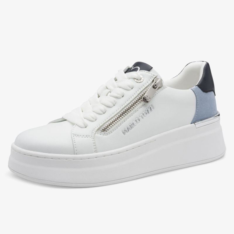 Moderner weißer Sneaker mit Reißverschluss, bequem und modisch, runde Zehenpartie und dicke Gummisohle