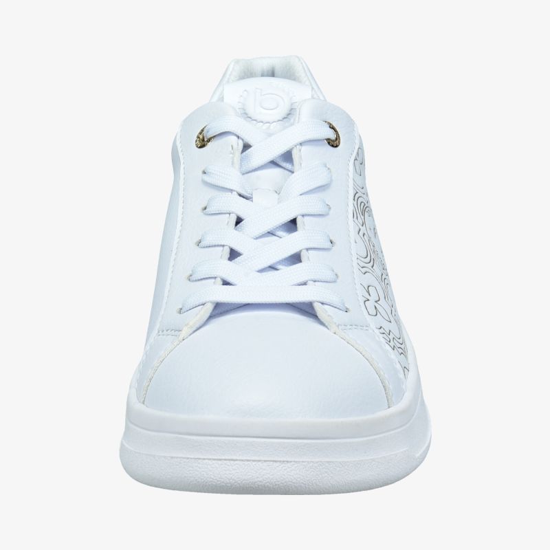 Weißer Sneaker in Frontansicht mit schnürsenkeln, modernem Design und komfortabler Passform