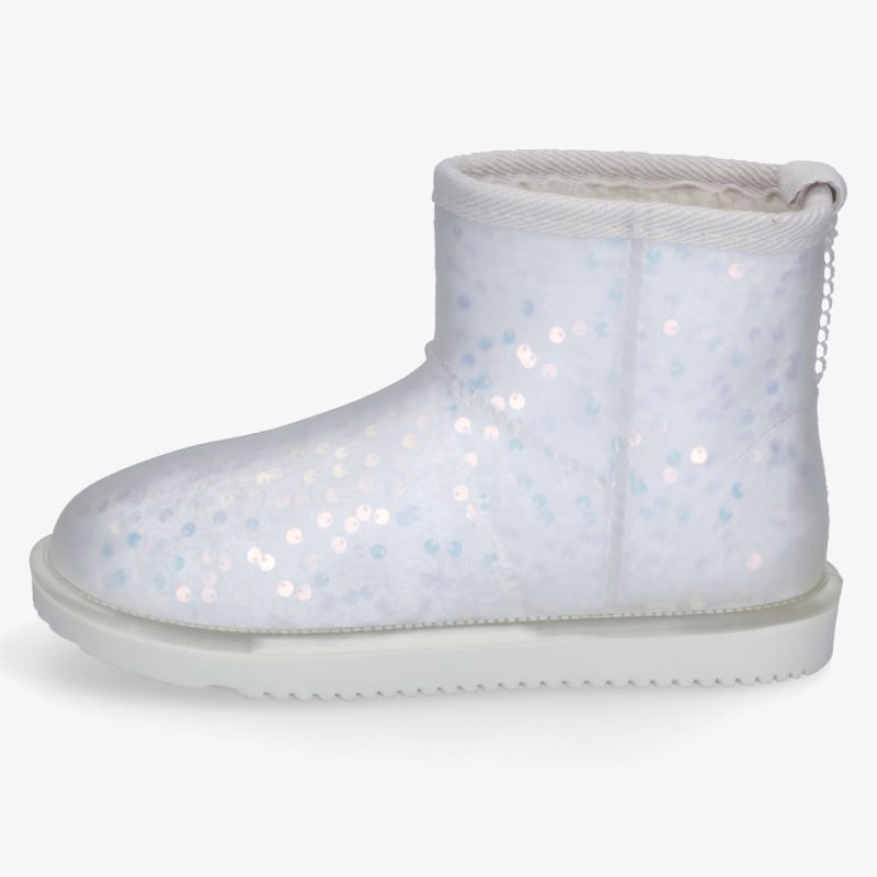Weißer Winterstiefel mit glitzerndem Design, warmer Innenfutter und rutschfester Sohle in klarer Seitenansicht