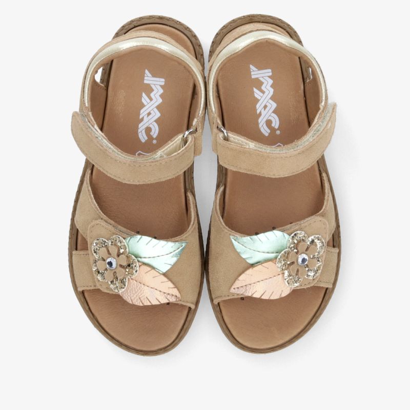 Beige Sandalen mit verstellbarem Klettverschluss und dekorativen Blüten, weiches Fußbett für hohen Tragekomfort