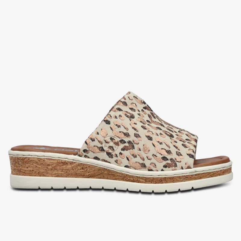 Bequeme Sandale mit Keilabsatz und tierischem Print, seitliche Ansicht, rutschfeste Sohle