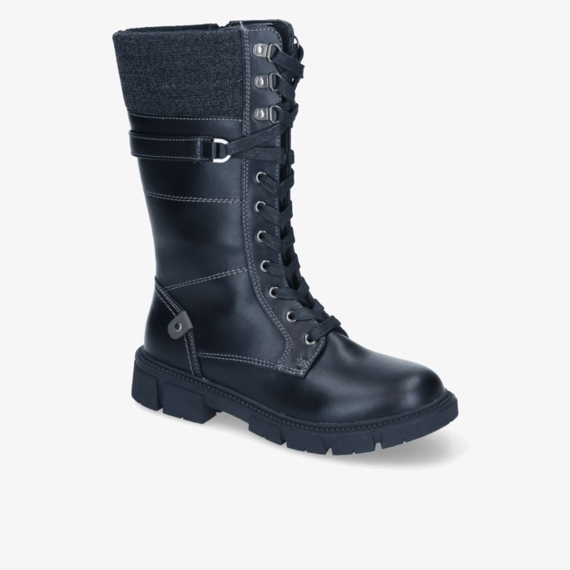 Langer schwarzer Stiefel mit robuster Schnürung, stabiler Sohle und modischem Design, ideal für Alltag und Outdoor