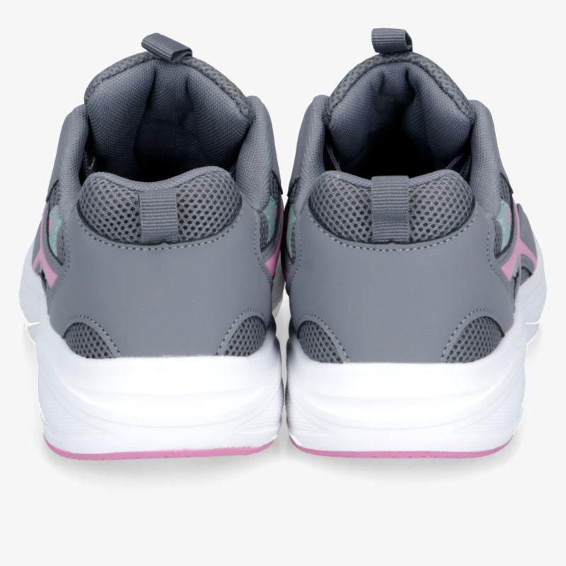 Sportliche graue Schuhe mit weißer Sohle und rosa Details zeigen gepolsterten Komfort und robustes Material