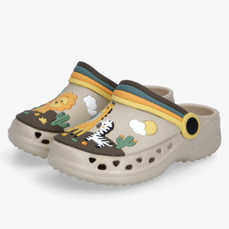 Leichte, bequeme Kinderschuhe mit bunten Tiermotiven in Beige, atmungsaktiv und robust für spielerischen Komfort