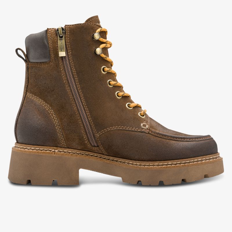 Robuster brauner Schnürstiefel mit Reißverschluss und profiliertem Absatz, seitliche Ansicht, strapazierfähig