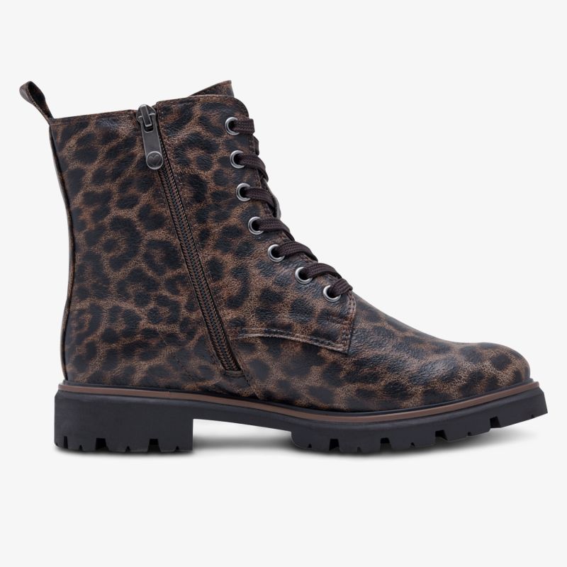 Robuster Lederstiefel mit Leopardenmuster, seitlichem Reißverschluss und Schnürung für modischen Komfort