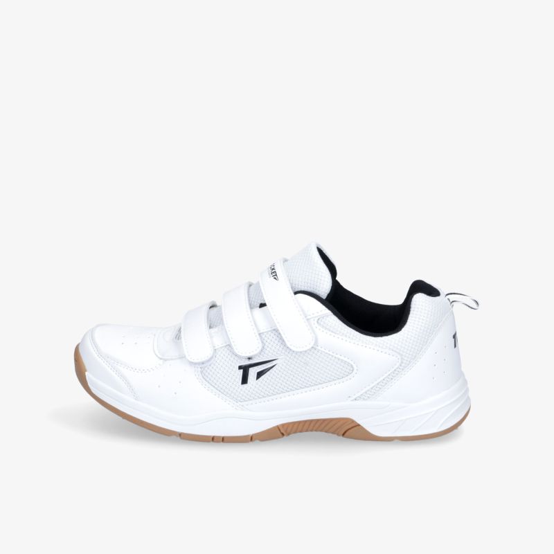 Moderner weißer Turnschuh mit Klettverschluss und rutschfester Gummisohle. Ideal für Sport und Freizeit.