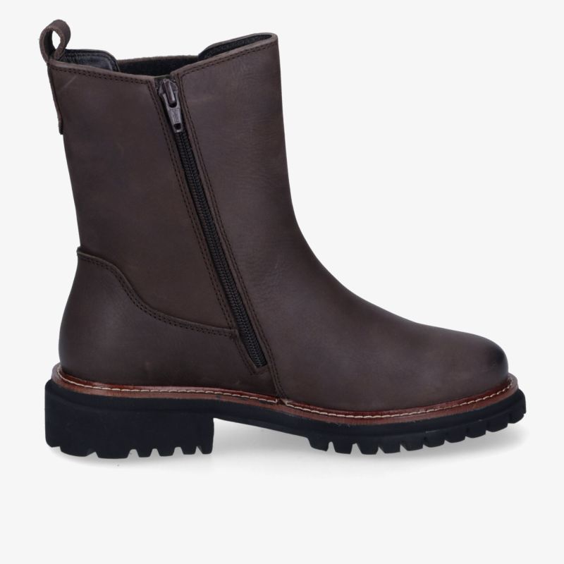 Robuste Lederstiefelette in Dunkelbraun mit praktischem Reißverschluss und rutschfester Sohle für stilvollen Komfort.
