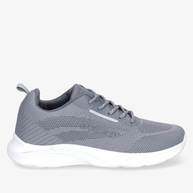 Leichter grauer Sneaker mit atmungsaktivem Obermaterial und flexibler, weißer Sohle, sportlich und komfortabel