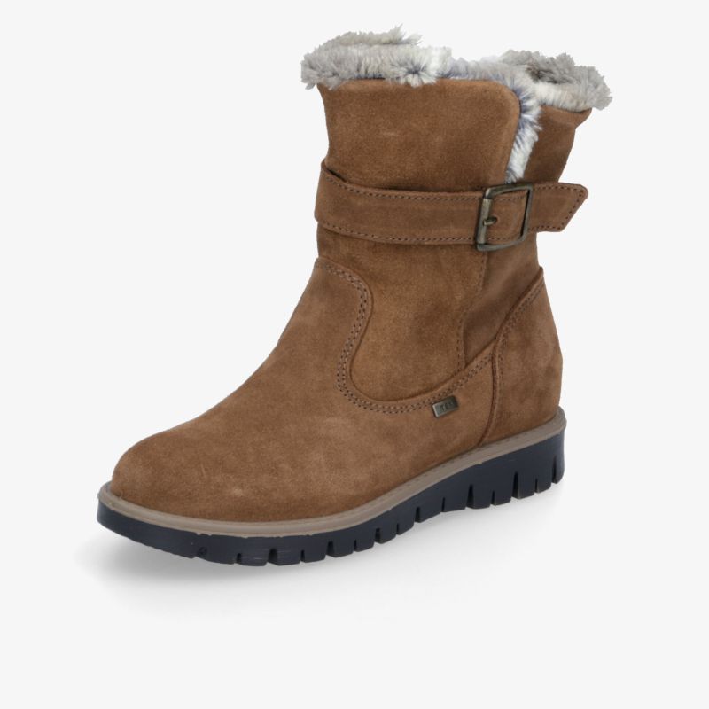 Warmer brauner Winterstiefel aus Veloursleder mit weichem Futter, robuster Sohle und verstellbarem Riemen