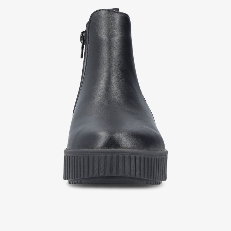 Schwarzer Schuh mit glatter Oberfläche und robuster Plateau-Gummisohle, Frontansicht