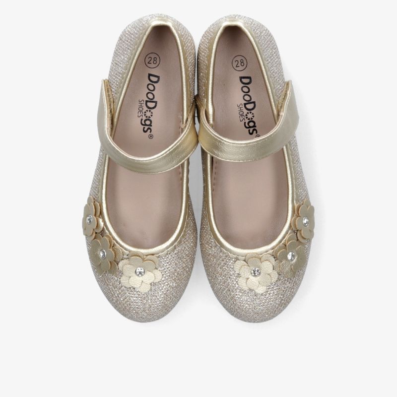 Goldene elegante Ballerinas mit Blumenverzierung, komfortabler Klettverschluss und weichem Innenfutter, Paaransicht
