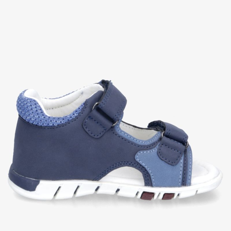 Seitliche Ansicht eines blauen Kindersandals mit Klettverschluss und gepolstertem Schaftrand für optimalen Komfort