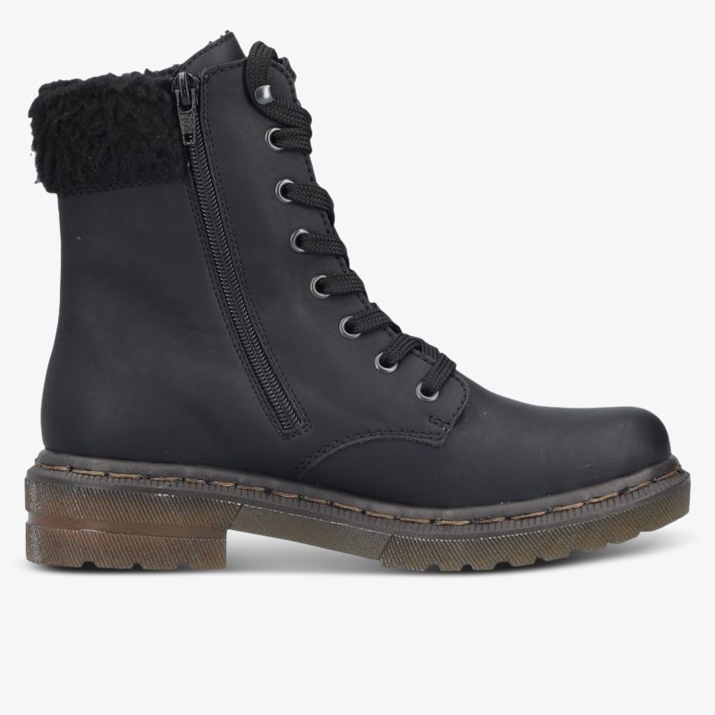 Schwarzer robuster Winterstiefel mit warmem Futter und rutschfester Sohle, seitlicher Reißverschluss und Schnürung