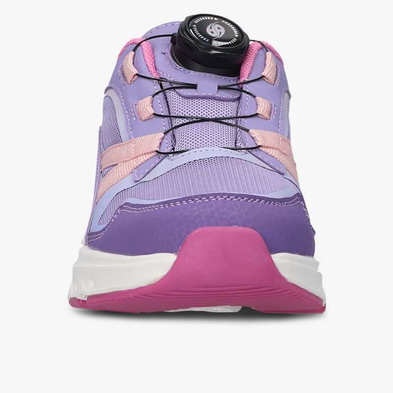 Vorderansicht lila Sneaker mit pinker Sohle, bequeme Polsterung und sportliches Design