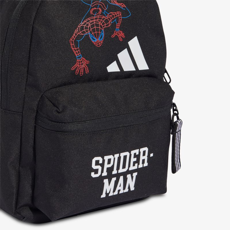 Schwarzer Spider-Man Rucksack mit Adidas Logo und Fronttasche, robuster Reißverschluss, stylisches Design