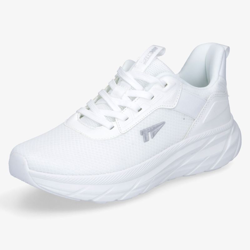 Leichter weißer Sneaker mit atmungsaktivem Material und gedämpfter Sohle, sportlich und bequem, schräg vorne fotografiert