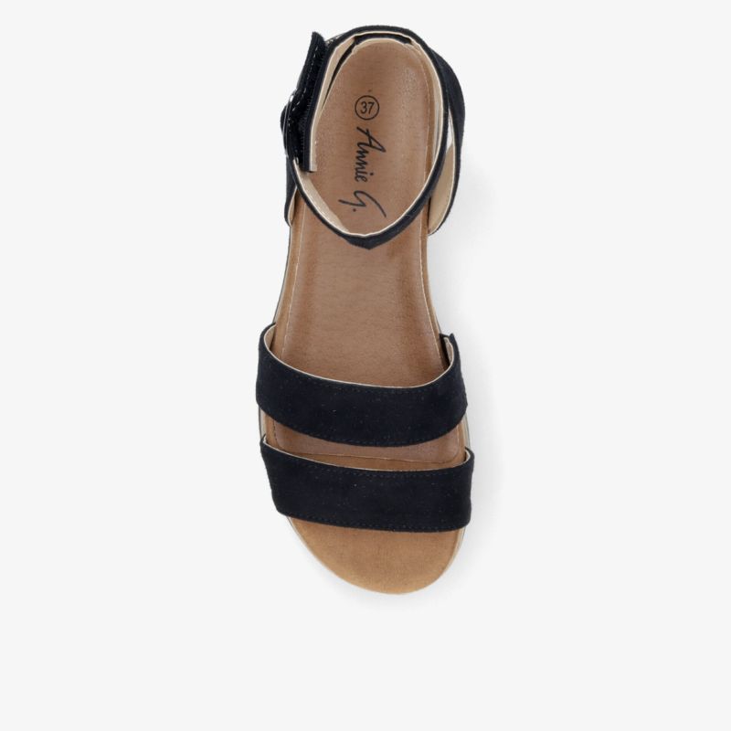 Elegante schwarze Sandale mit Zweiriemen-Design und Schnallenverschluss, ideal für sommerliche Anlässe.
