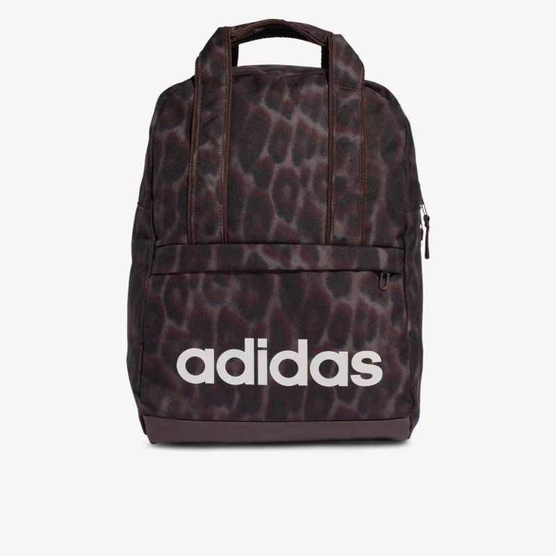 Dunkelbrauner Adidas Rucksack mit auffälligem Tiermuster und großem Frontlogo, ideal für den Alltag