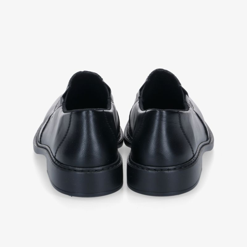 Rückansicht von schwarzen Lederschuhen mit gepolstertem Einstieg und robuster Sohle, komfortabel und elegant