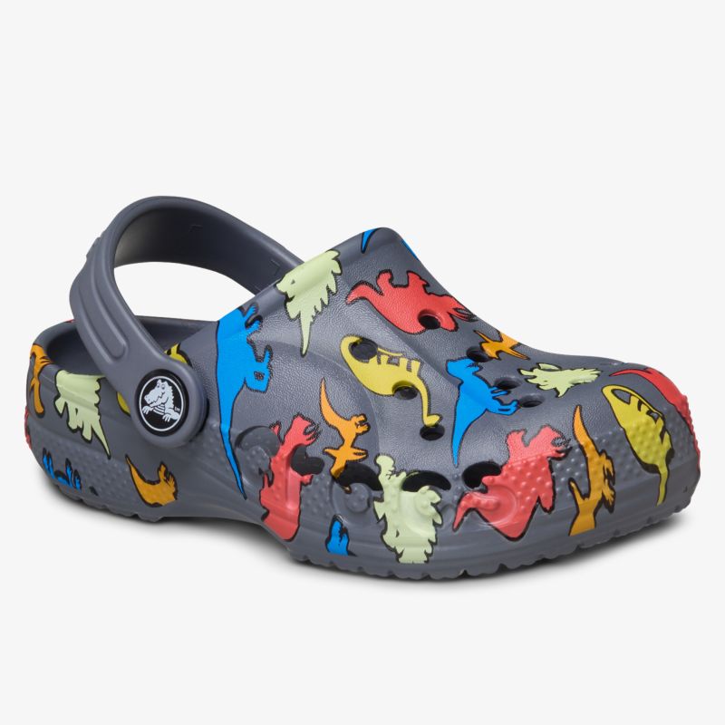 Grauer Schuh mit buntem Dinosauriermuster, ideal für Komfort und Stil.