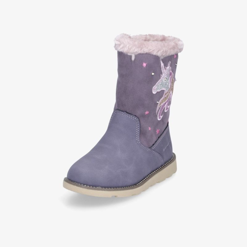 Warmer violetter Winterstiefel mit weichem Fellabschluss und dekorativer Stickerei, komfortabel und robust