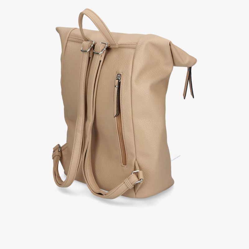 Beiger Rucksack seitlich mit Reißverschluss und weichem Material, geräumig und mit verstellbaren Schultergurten
