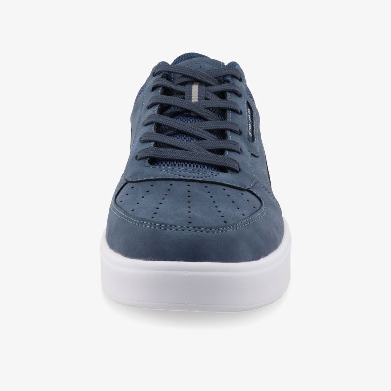 Blauer Sneaker Frontansicht mit bequemer Polsterung, atmungsaktivem Material und robuster weißer Sohle