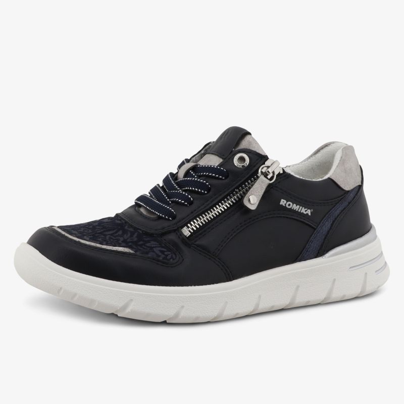 Sportlicher navy blauer Schuh mit weißer Profilsohle, praktischem Reißverschluss und bequemer Polsterung