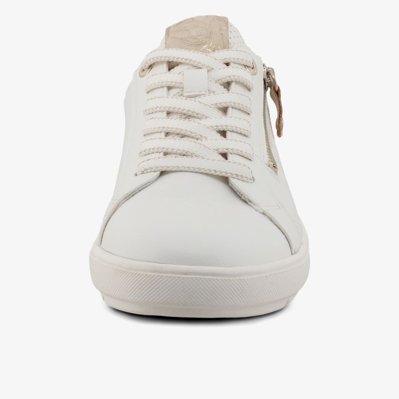 Weißer Sneaker mit seitlichem Reißverschluss, bequemer Schnitt und sportivem Look, Frontansicht