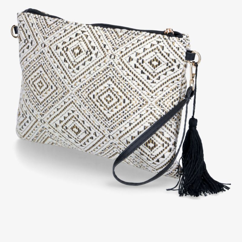 Modische Handtasche mit auffälligem geometrischem Muster und dekorativer Quaste, kompakt und praktisch gestaltet