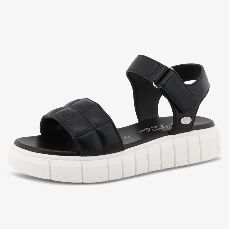 Schwarze Sandale mit gepolsterten Riemen und weißer, profilierter Laufsohle, sportlich und bequem